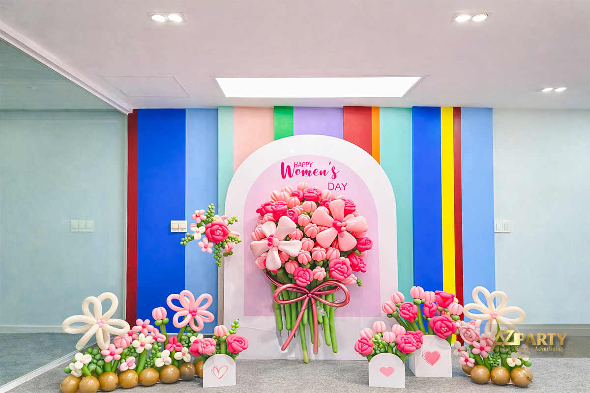 Backdrop trang trí 8/3 nhỏ xinh với bong bóng hoa tulip xinh xắn 
