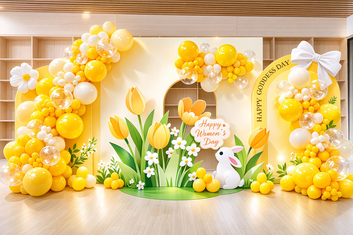 Mẫu decor 8/3 với tone vàng, trắng tươi sáng với các hoạ tiết hoa tulip, bong bóng, hoa bong bóng xinh xắn 