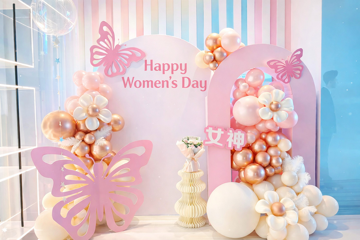 Mẫu backdrop 8/3 xinh xắn với tone màu pastel với các chi tiết bươm bướm, bong bóng 