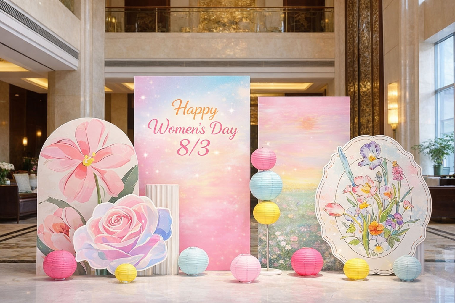 Mẫu trang trí 8/3 với backdrop Happy Women's Day 8/3 có tone màu pastel với các mô hình hoa nghệ thuật, vintage và đèn lồng pastel