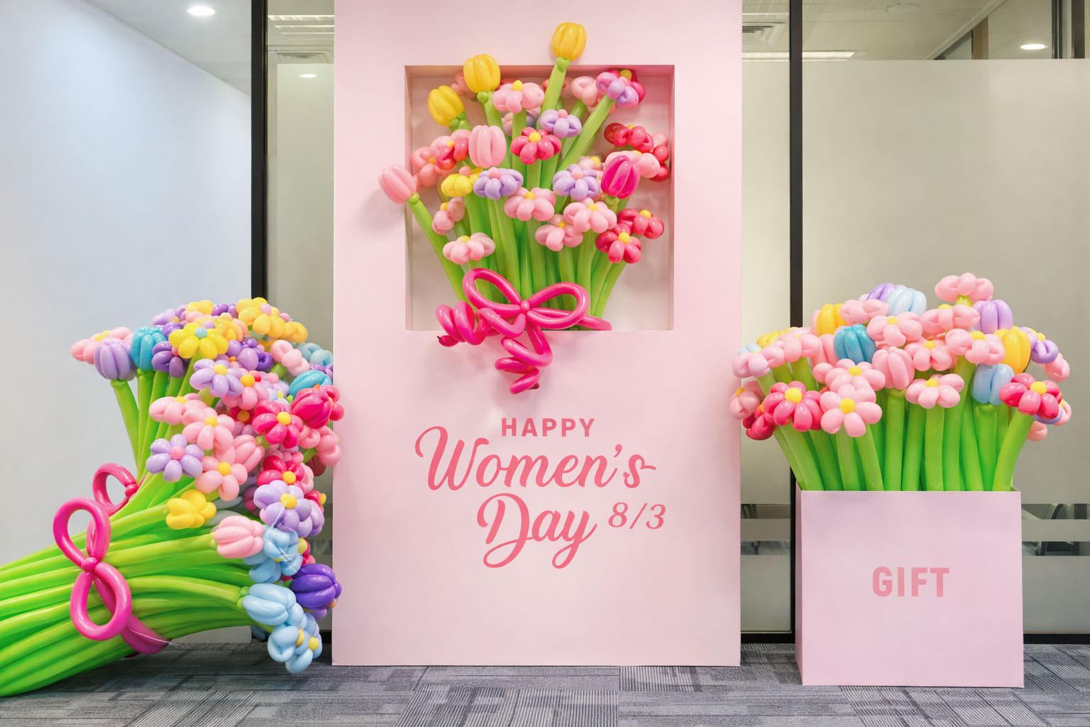 Backdrop 8/3 với tone màu hồng xinh xắn, phối bóng bay bông hoa đầy màu sắc