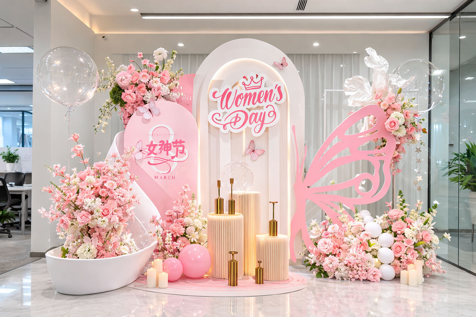 Backdrop 8/3 sang trọng, nữ tính mang tone màu hồng với các chi tiết trang tiết hoa hồng, cánh bươm bướm