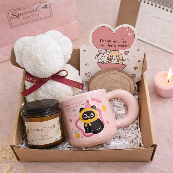 Hộp quà 8/3 tone hồng gồm gấu bông trắng, nến thơm, ly sứ in hình mèo dễ thương và thiệp cảm ơn