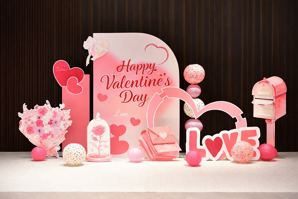 Mẫu backdrop trang trí Valentine ngọt ngào với tone hồng pastel, chữ Happy Valentine’s Day, họa tiết trái tim, hoa hồng
