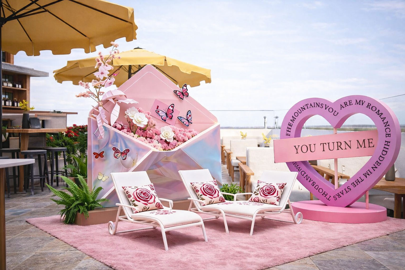 Trang trí Valentine tone hồng với concept lá thư tình ngọt ngào, decor bông, bươm bướm xinh xắn