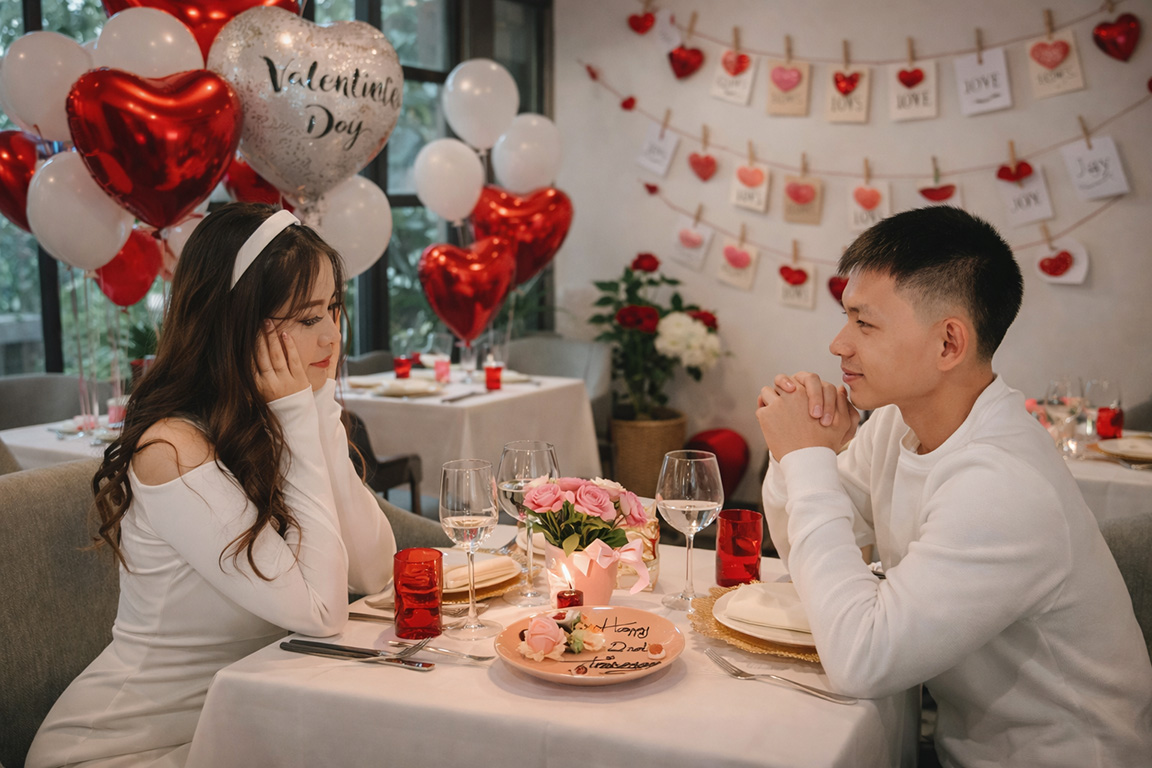 Cặp đôi chụp ảnh lãng mạn tại nhà hàng trang trí valentine độc đáo