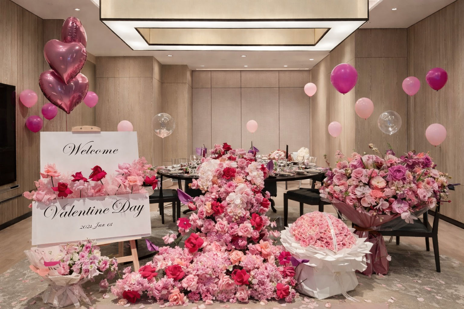 Không gian trang trí Valentine lãng mạn trong nhà hàng với hoa hồng hồng, đỏ