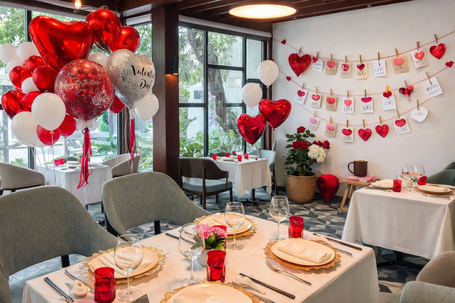 Nhà hàng trang trí Valentine với bóng bay đỏ hình trái tim, nến đỏ, hoa hồng