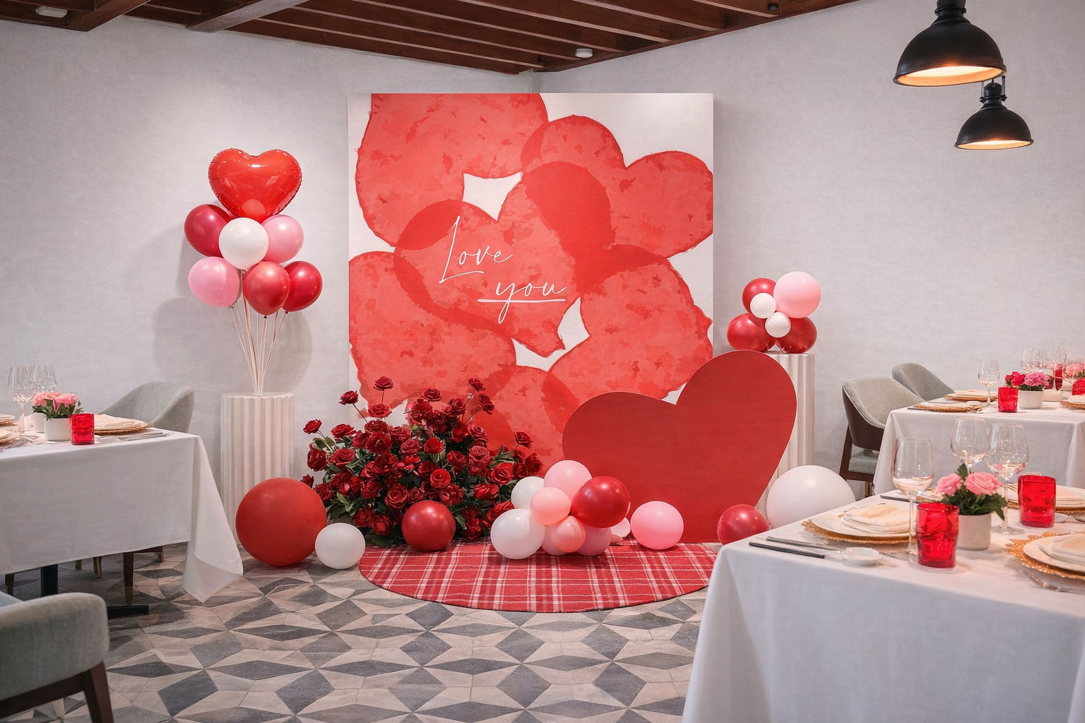 Trang trí valetine với backdrop trái tim đỏ ‘Love you’, hoa hồng đỏ