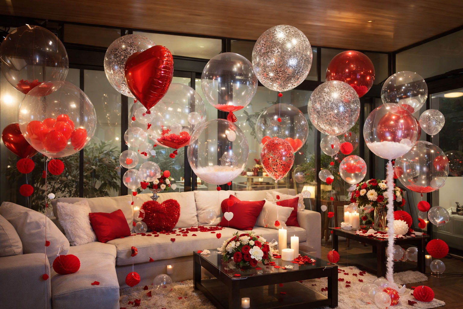 Trang trí Valentine phòng khách với bong bóng, trái tim đỏ, hoa hồng và nến tạo không gian lãng mạn.