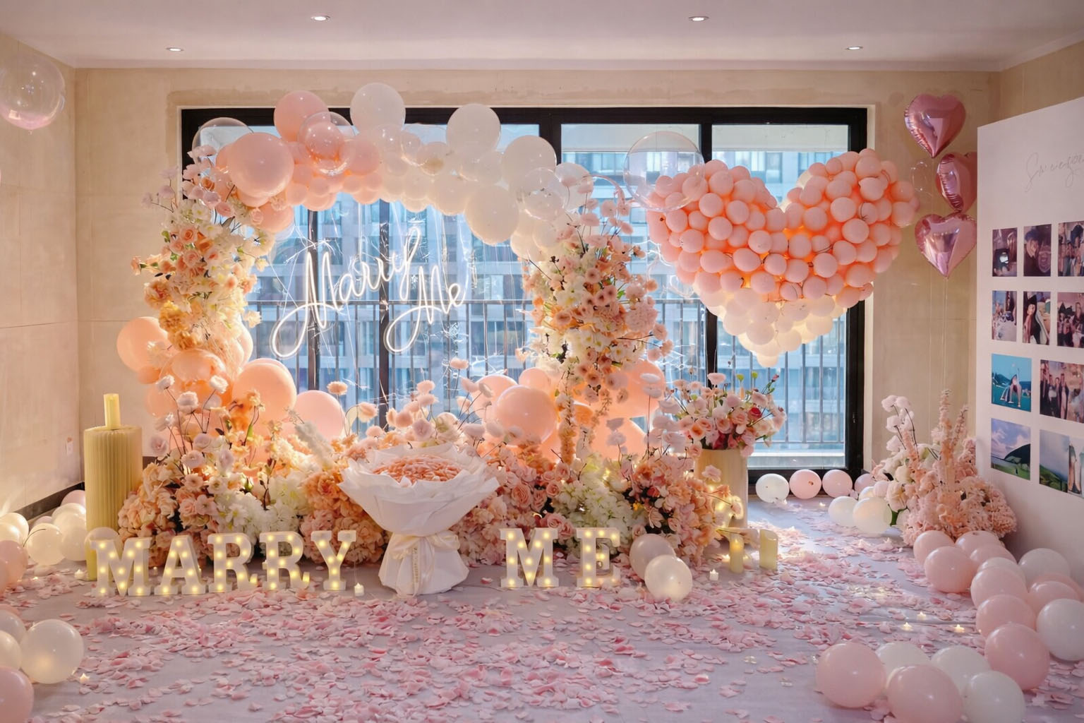Trang trí Valentine tại nhà với backdrop bong bóng hồng pastel, hoa lãng mạn và không gian cầu hôn Marry Me