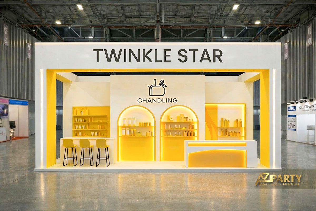 Gian hàng triển lãm mỹ phẩm tone trắng vàng nổi bật với thiết kế khung vòm, quầy lễ tân hiện đại và ánh sáng LED thu hút khách tham quan