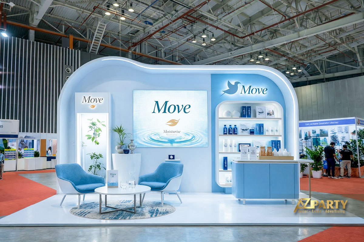 Gian hàng mỹ phẩm được thiết kế theo phong cách hiện đại, tối giảnmang lại cảm giác tươi mát, sạch sẽ và đáng tin cậy – rất phù hợp với ngành mỹ phẩm