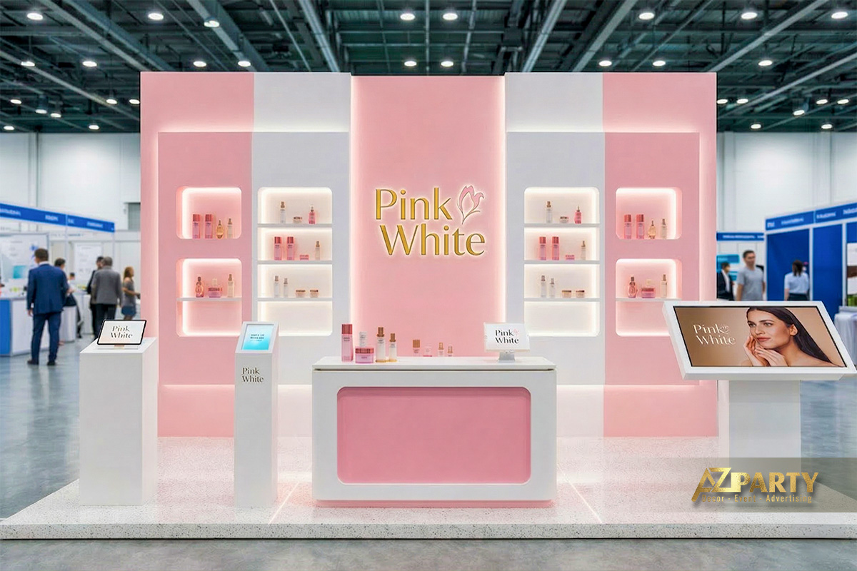 Gian hàng triển lãm mỹ phẩm với thiết kế tone hồng trắng, ánh sáng LED hiện đại và kệ trưng bày sản phẩm