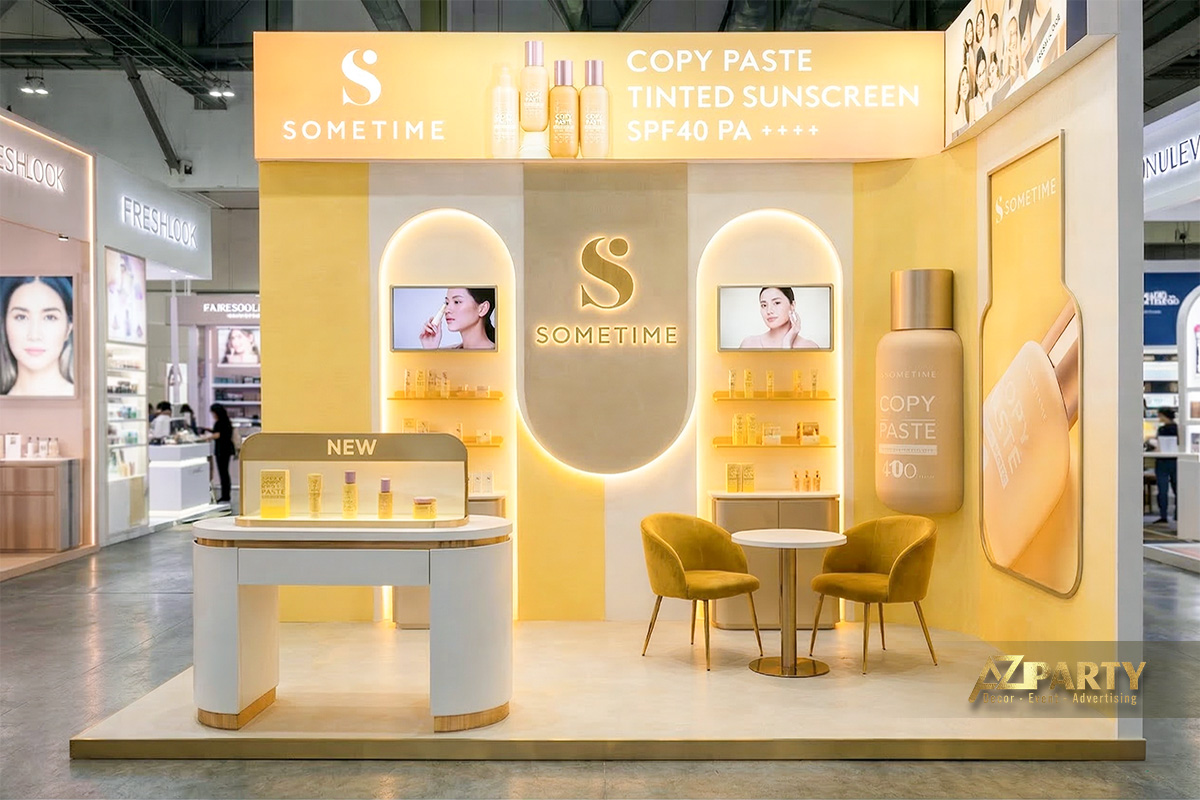 Gian hàng mỹ phẩm có thiết kế hiện đại, sang trọng với quầy trưng bày trung tâm và khu tư vấn khách