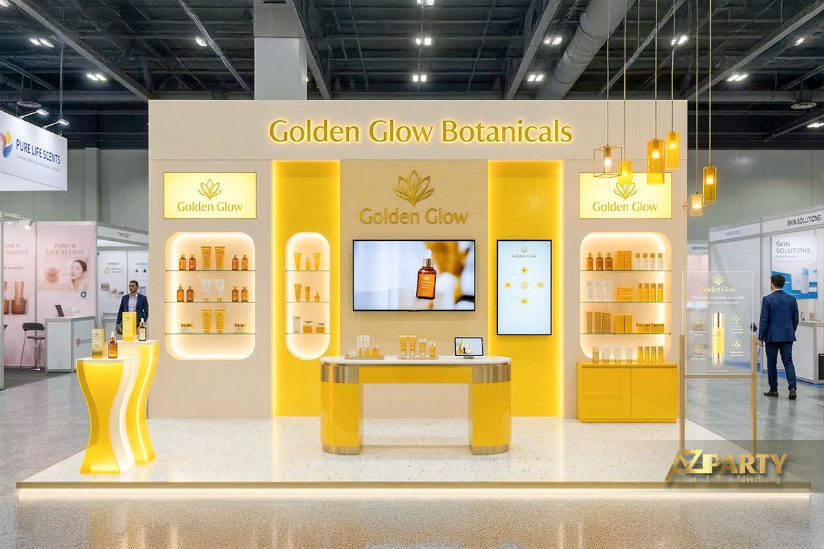 Gian hàng triển lãm mỹ phẩm có tone màu vàng gold sang trọng, ánh sáng LED nổi bật và kệ trưng bày sản phẩm cao cấp