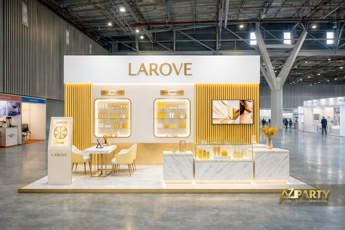 Gian hàng mỹ phẩm được thiết kế theo phong cách hiện đại, sang trọng, sử dụng tone màu trắng kết hợp vàng ánh kim làm chủ đạo