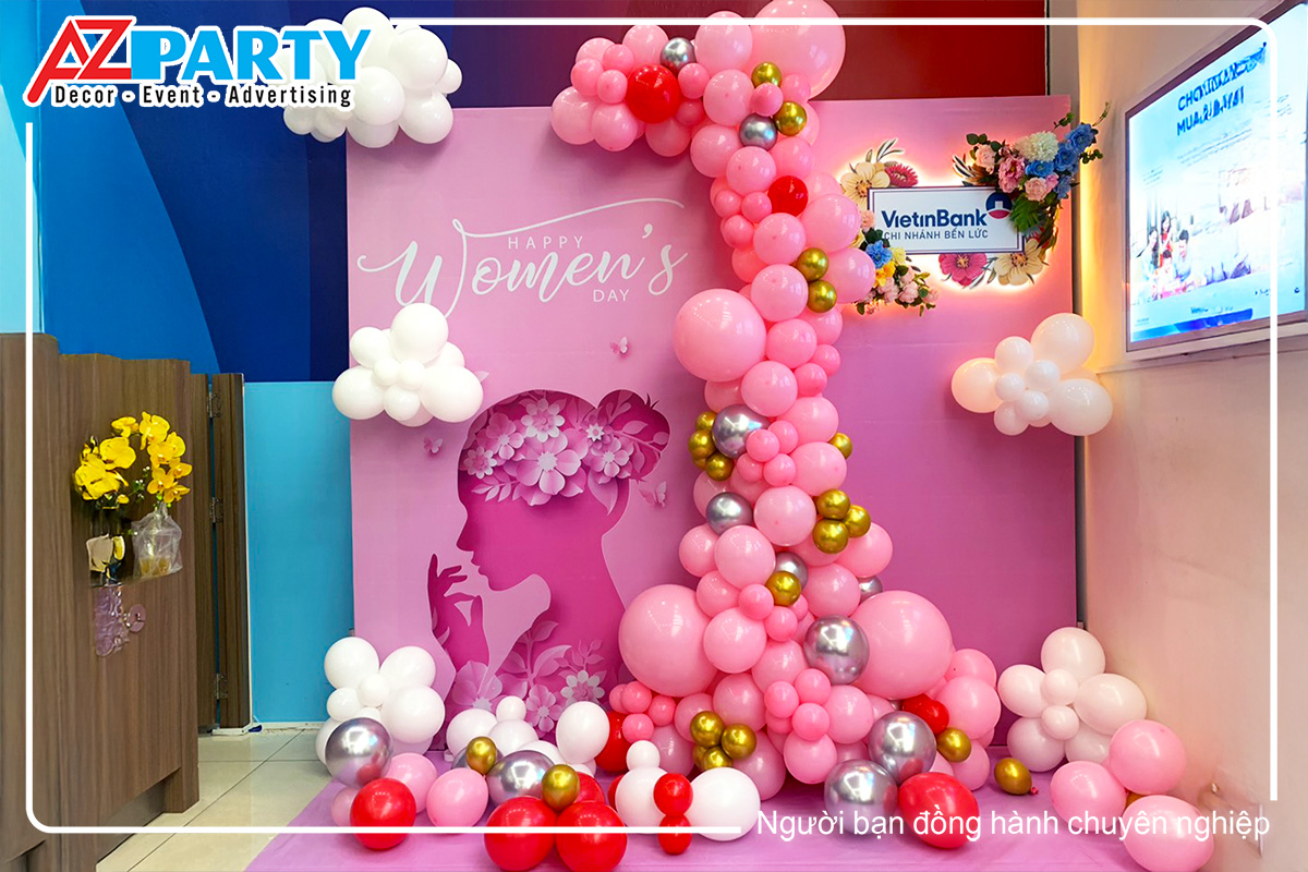 backdrop tone màu tím và hồng, sử dụng bong bóng