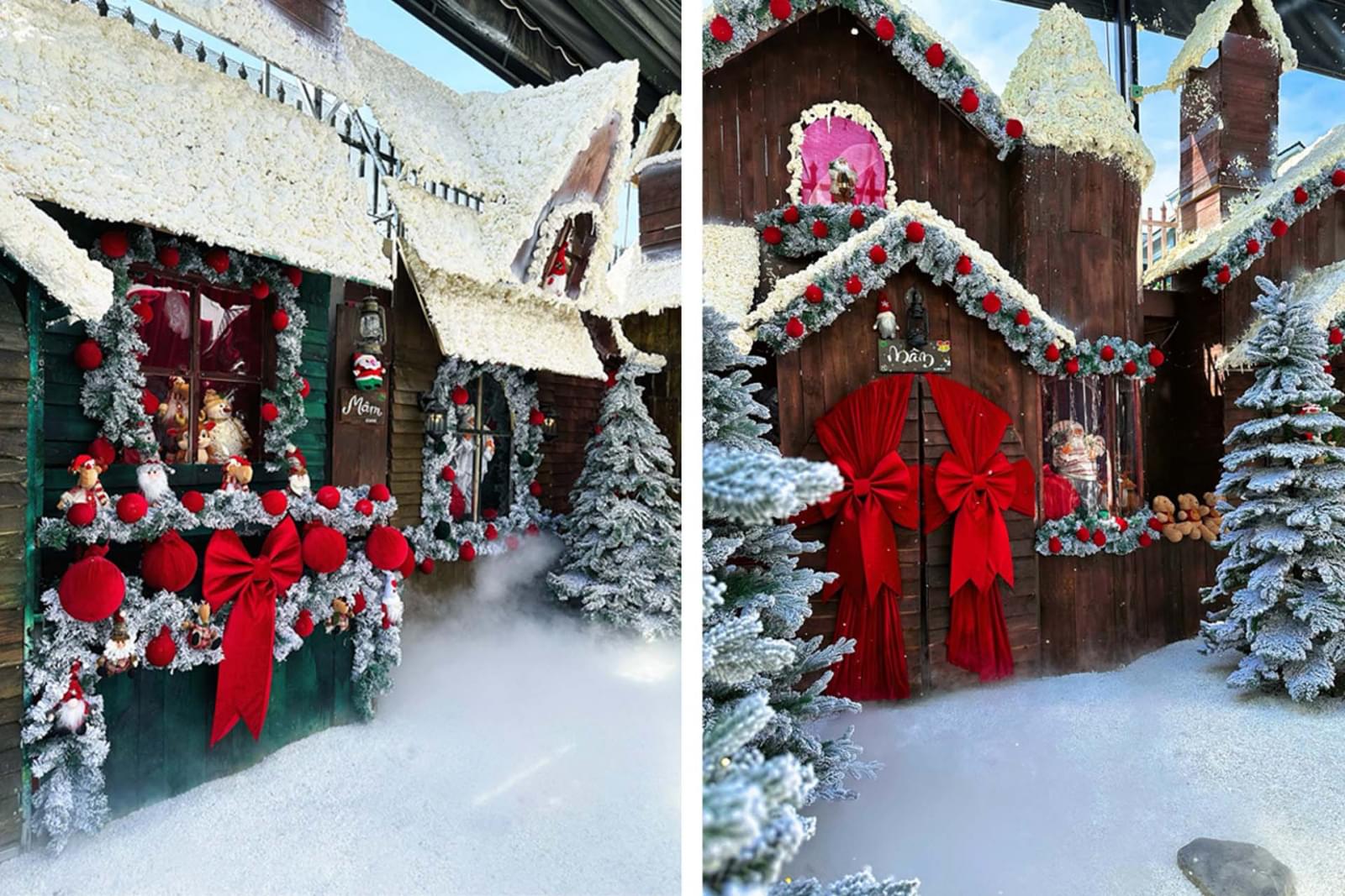 Decor giáng sinh quán cafe phủ đầy tuyết 