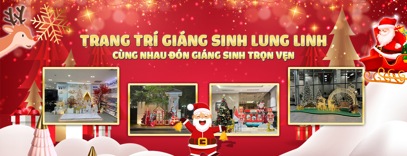 Banner decor noel, có ông già noel và chú tuần lộc, ở giữa là các tiểu cảnh noel 