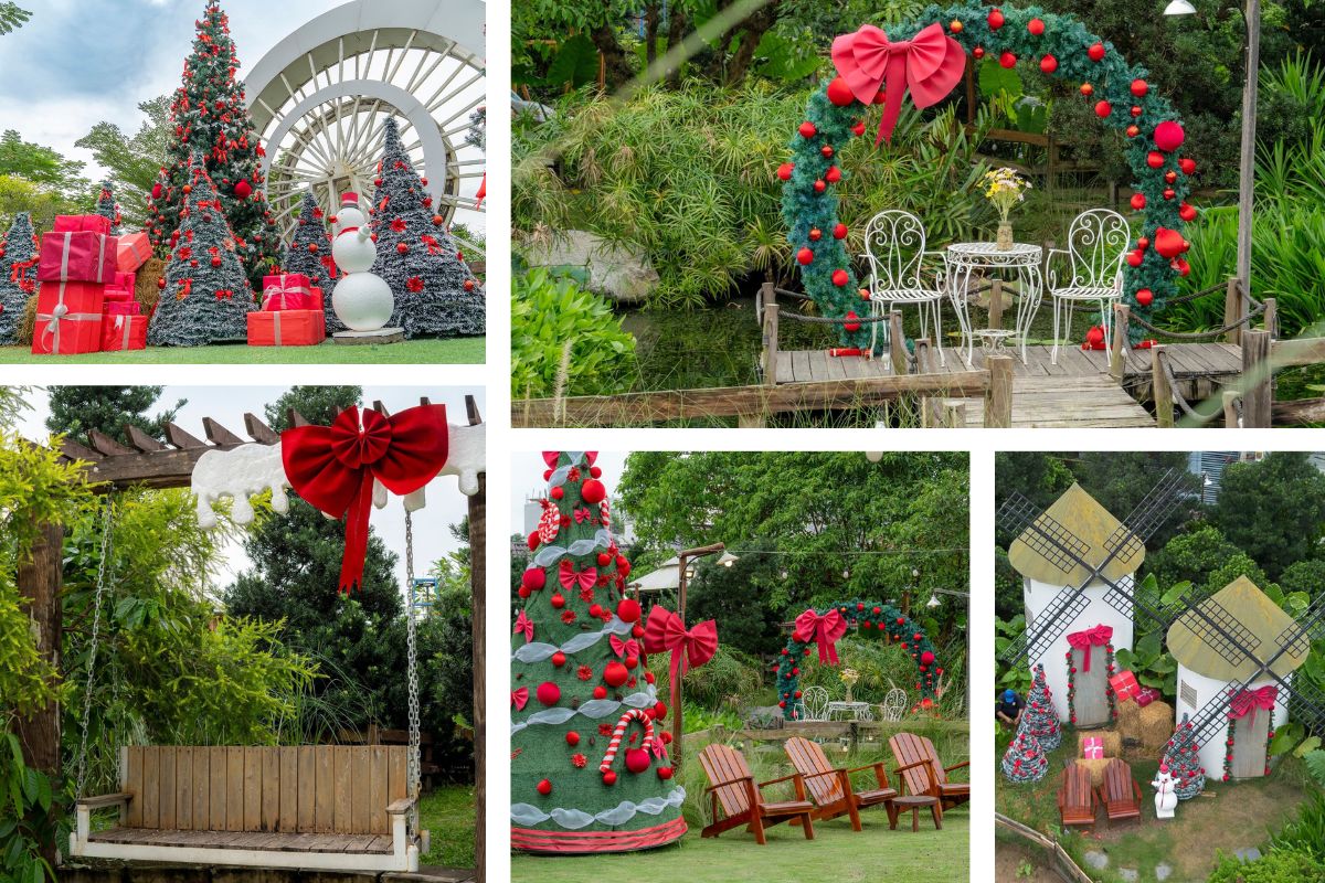 Khu vườn ngoài trời được trang trí Giáng sinh với cây thông phủ nơ đỏ, vòng nguyệt quế lớn đặt bên bờ hồ và nhiều hộp quà màu đỏ nổi bật. Không gian có xích đu gỗ, ghế nghỉ và mô hình cối xay gió, mang lại cảm giác yên bình và tươi vui giữa khung cảnh xanh mát.