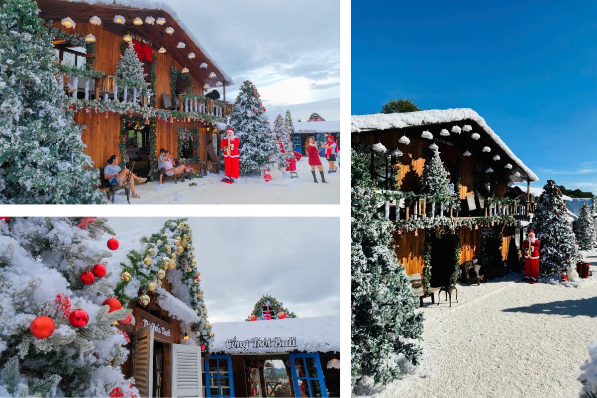 Khu vực trang trí Giáng sinh ngoài trời với ngôi nhà gỗ phủ tuyết, cây thông lớn và ông già Noel chào đón khách. Không gian mang phong cách làng châu Âu mùa đông, tràn ngập ánh sáng và sắc đỏ – xanh đặc trưng của mùa lễ hội.