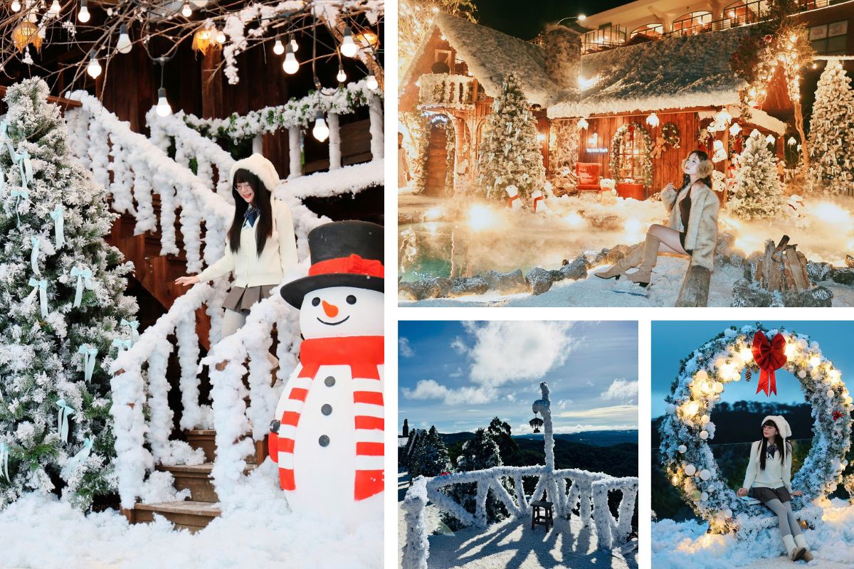 Không gian Giáng sinh phủ tuyết trắng với người tuyết, cây thông, vòng hoa lớn và ánh đèn lung linh. Du khách tạo dáng chụp ảnh giữa khung cảnh mùa đông lãng mạn, gợi cảm giác như đang ở ngôi làng tuyết Bắc Âu giữa trời Đà Lạt.