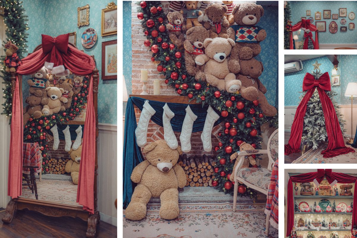 Góc trang trí Giáng sinh với tông xanh – đỏ cổ điển, nổi bật là lò sưởi giả treo tất len, cây thông buộc nơ lớn và những chú gấu bông dễ thương. Không gian mang phong cách ấm áp, hoài niệm, gợi nhớ khung cảnh Giáng sinh trong ngôi nhà phương Tây cổ điển.
