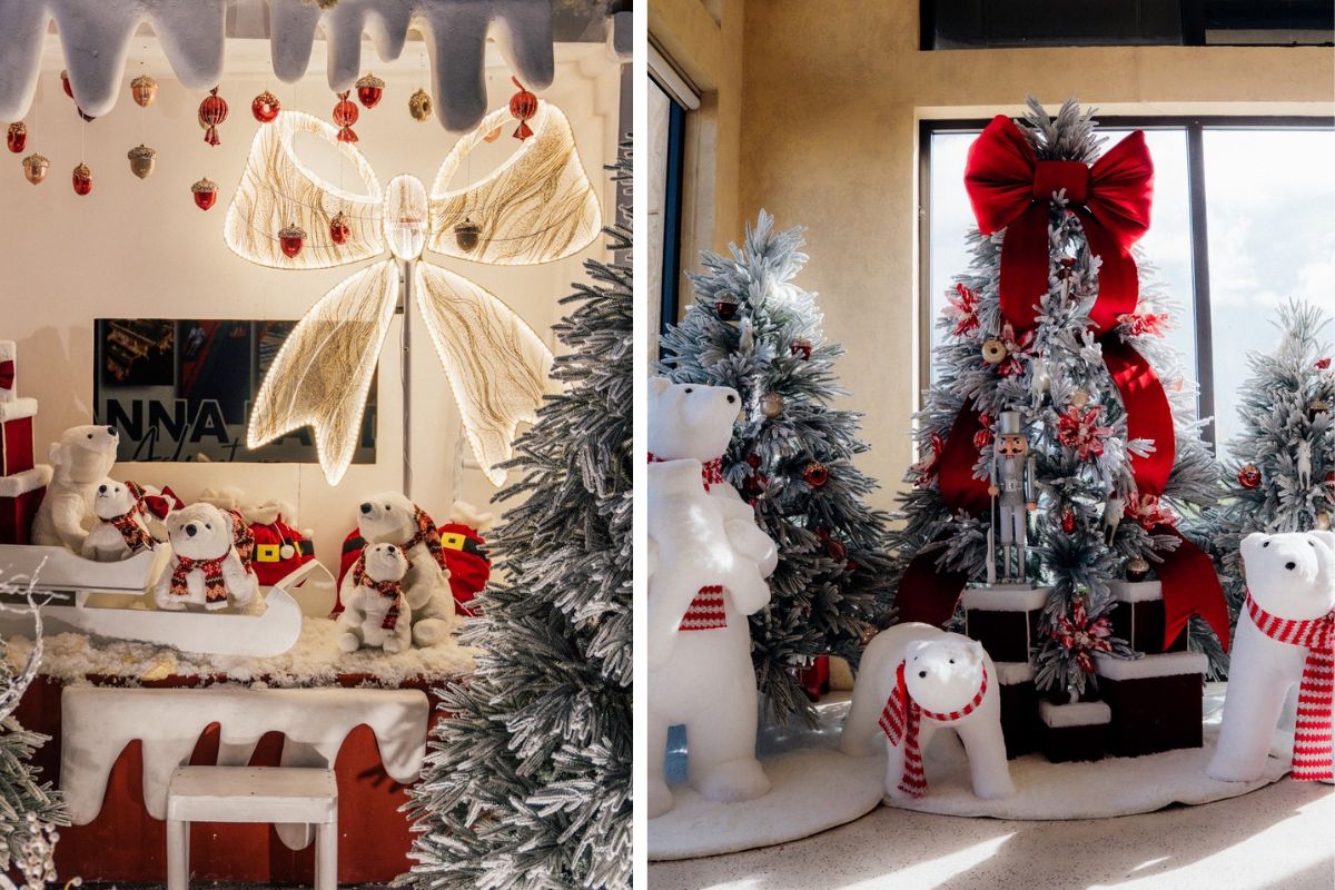 Không gian Giáng sinh ấm áp với cây thông phủ tuyết, nơ đỏ lớn và những chú gấu Bắc Cực đội khăn len đỏ trắng. Ánh đèn vàng nhẹ và chi tiết trang trí tinh tế mang lại cảm giác dễ thương, sinh động như một góc Bắc Cực thu nhỏ.