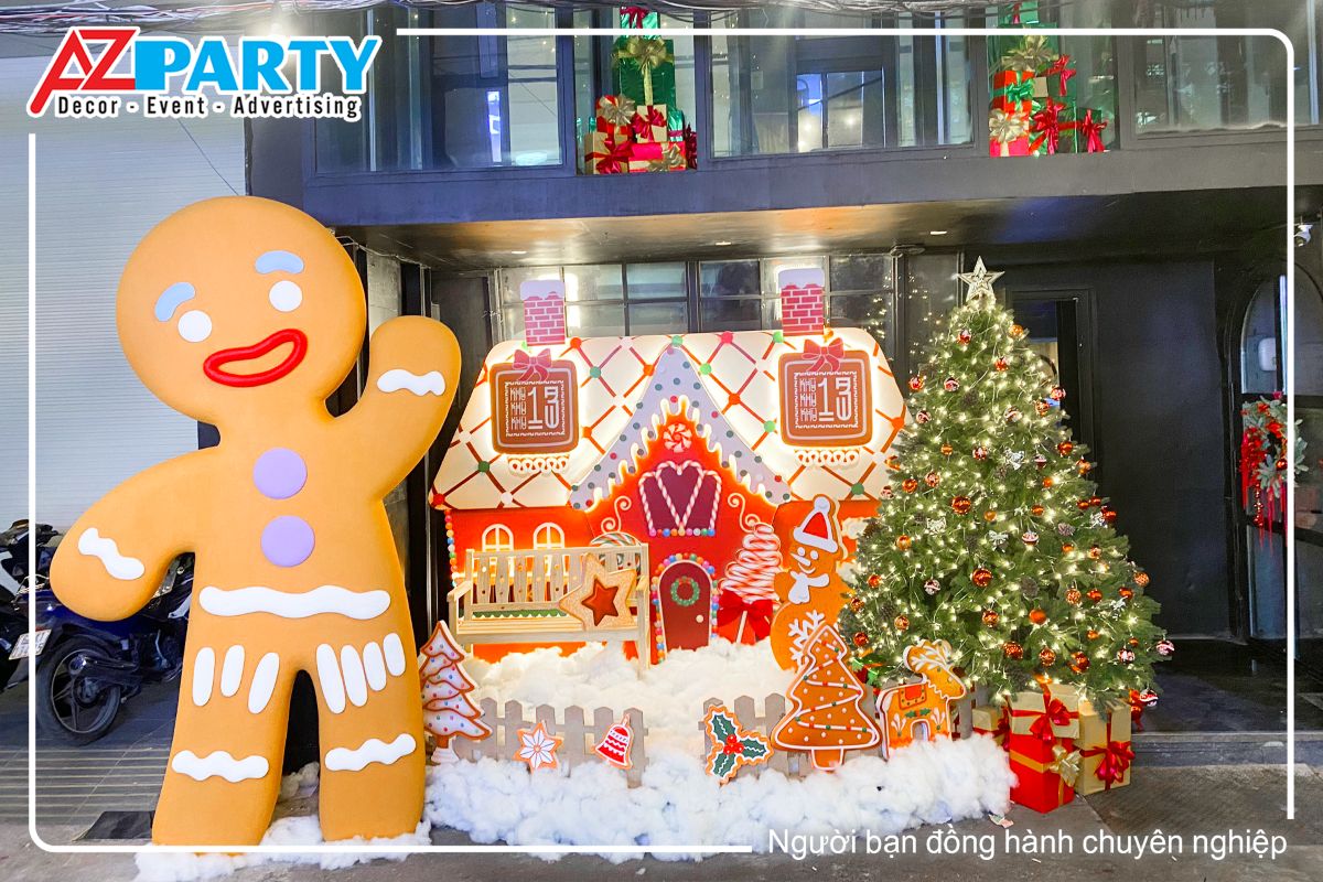 tiểu cảnh ngôi nhà bánh gừng và cậu bé bánh gừng cùng cây thông noel 