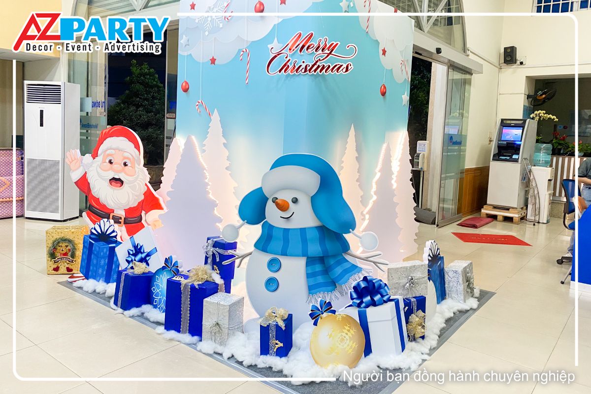 tiểu cảnh noel với người tuyết, ông già noel, và những hộp quà giáng sinh