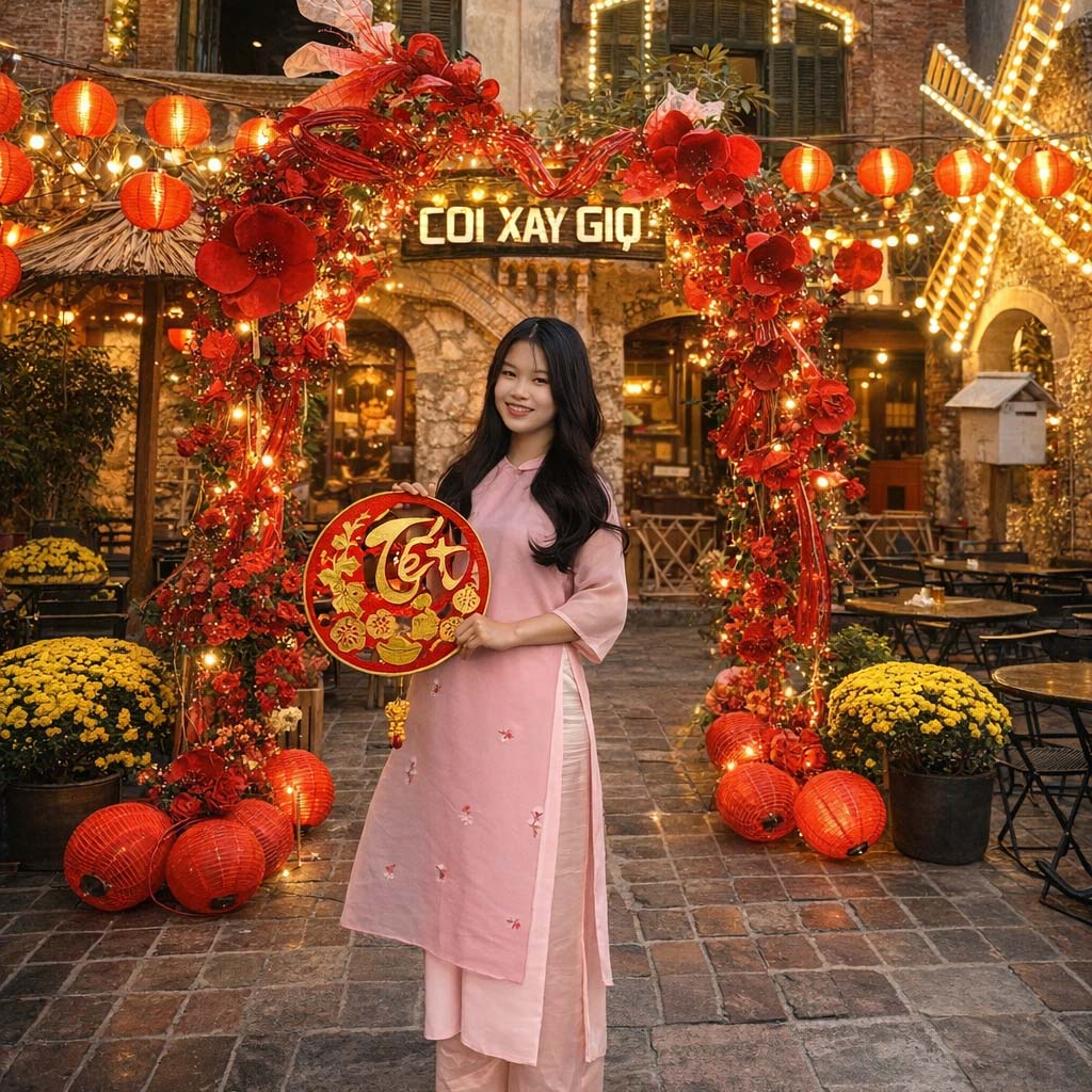 Cô gái chụp ảnh cùng mẫu cổng chào Tết