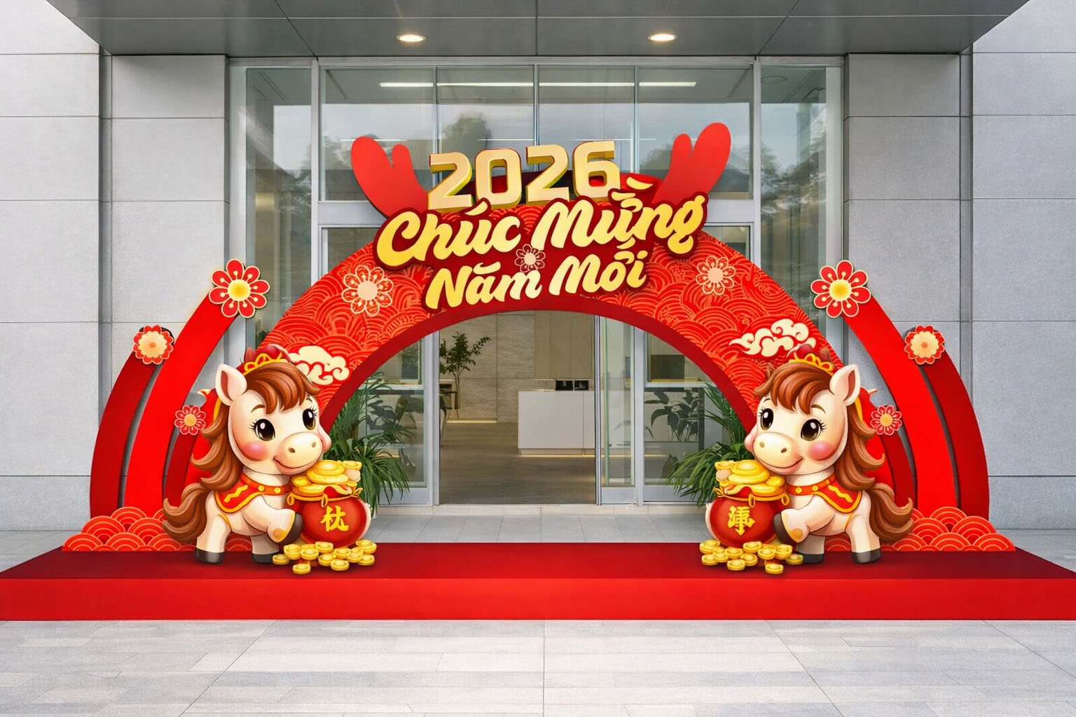 Cổng chào Tết 2026 trang trí linh vật ngựa chibi