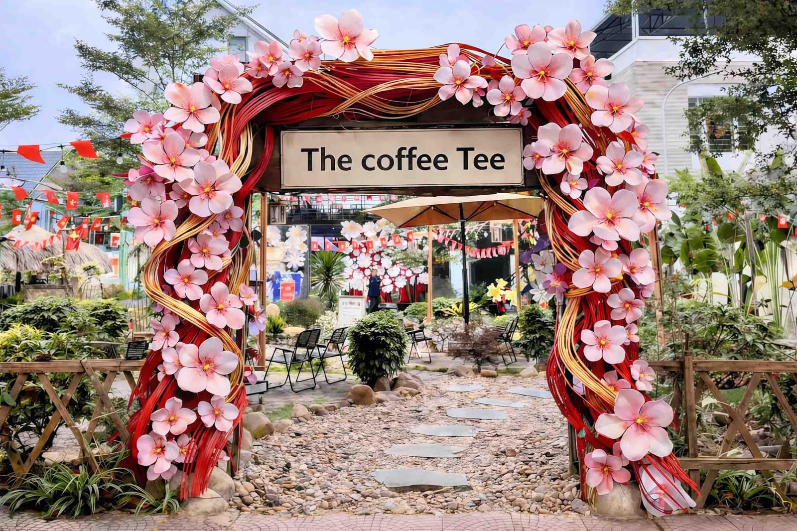 Cổng chào Tết hoa đào khổng lồ và phên tre uốn vòm