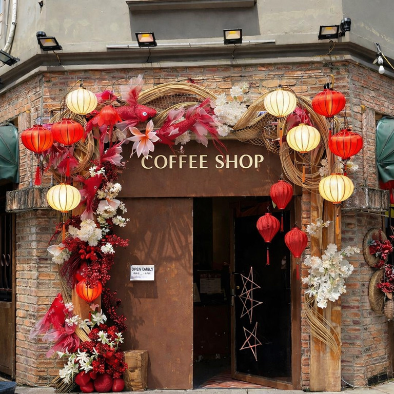 Cổng chào Tết quán cà phê phong cách cổ điển, trang trí đèn lồng đỏ vàng, hoa nghệ thuật và mây tre