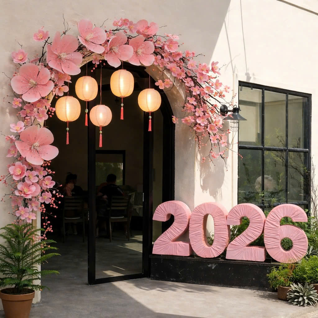 Mẫu cổng chào mini hoa anh đào thơ mộng, bộ chữ nhung 2026