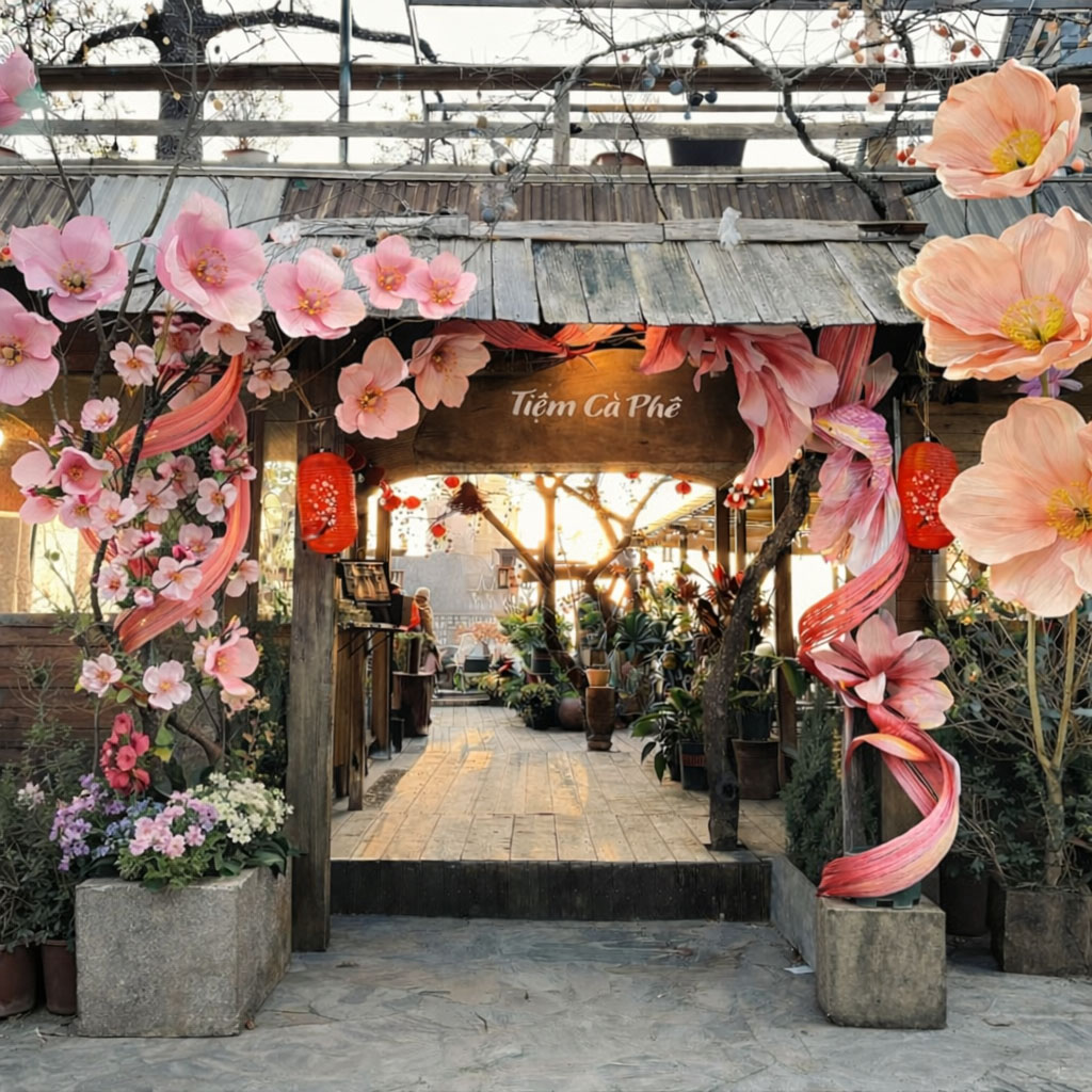 Cổng chào Tết quán cafe trang trí hoa đào hồng, đèn lồng đỏ 