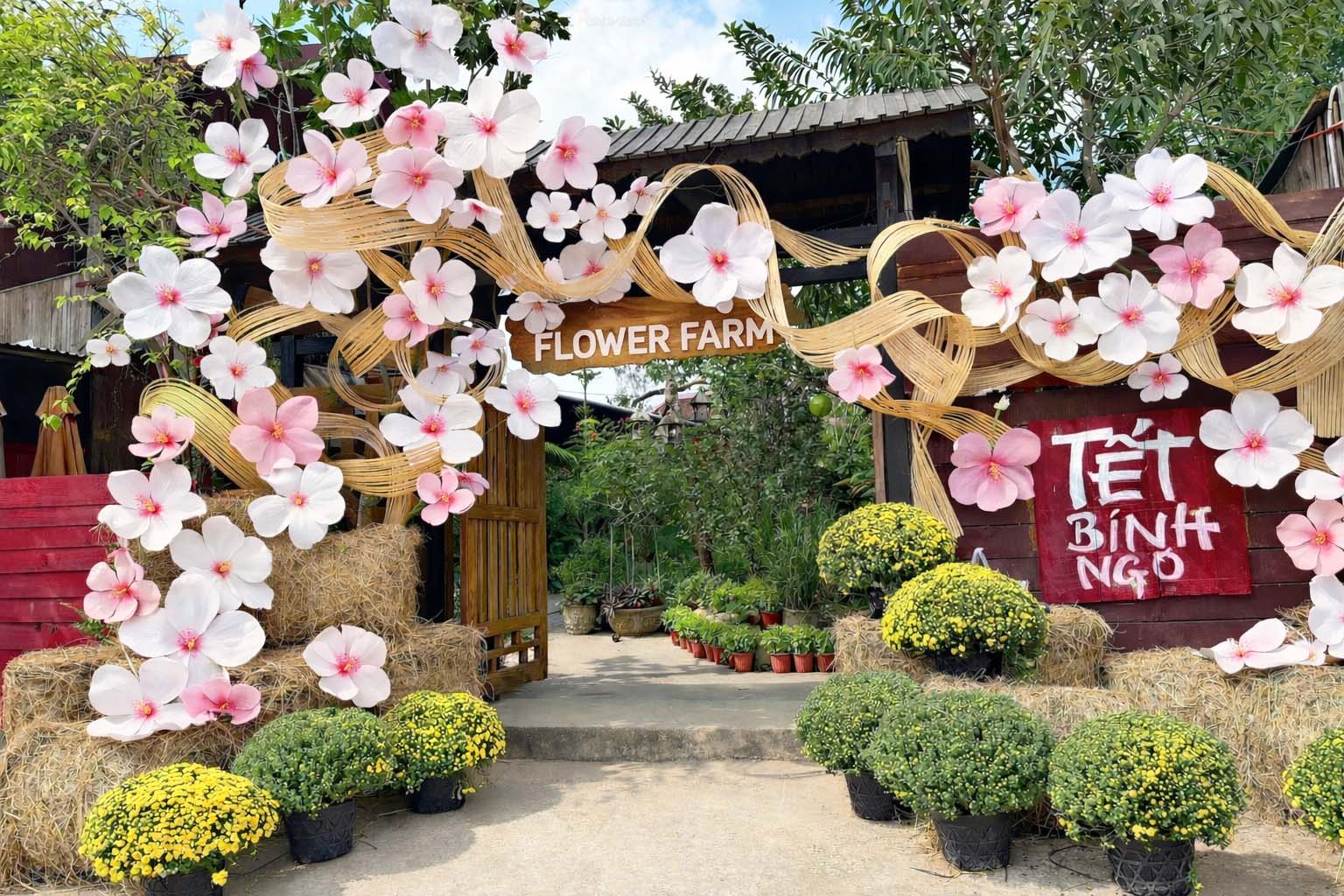 Mẫu cổng chào Tết hoa đào rực rỡ và phe tre uốn lượn cho quán cafe