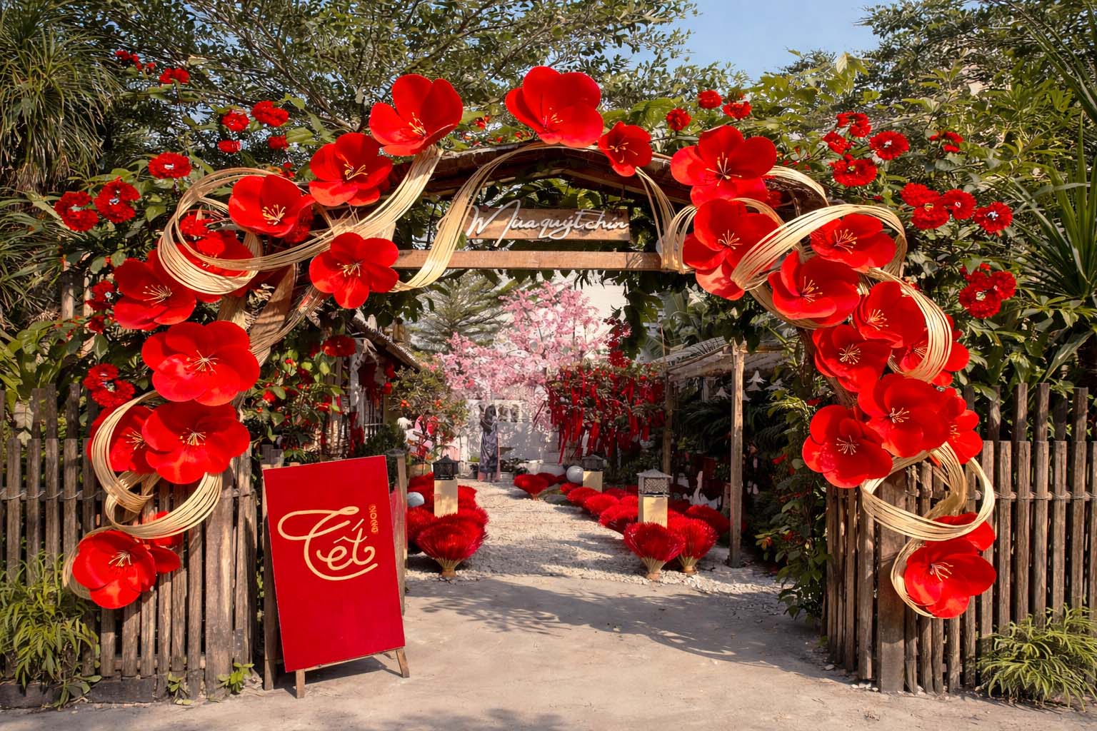 Mẫu decor cổng chào Tết hoa xuân màu đỏ rực rỡ