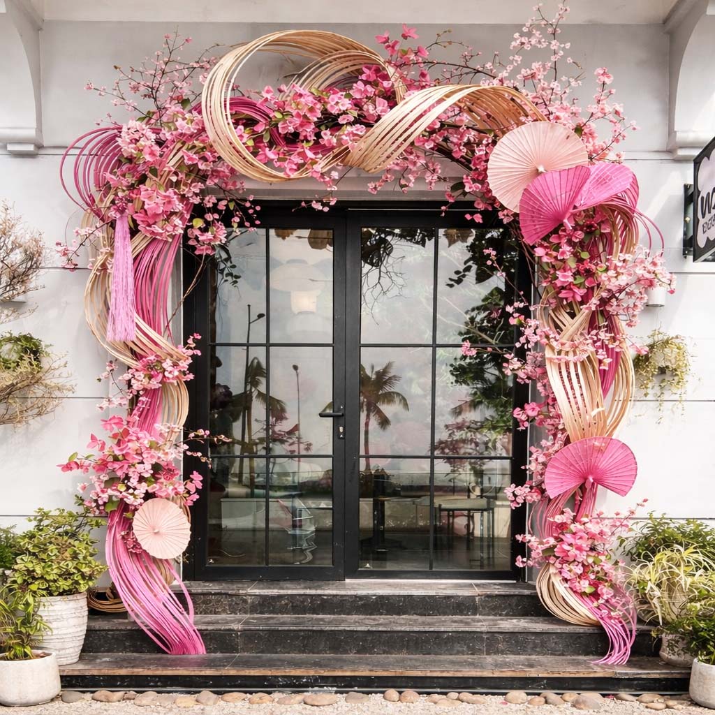 Cổng chào Tết trang trí hoa đào hồng kết hợp mây tre uốn lượn và quạt giấy nghệ thuật