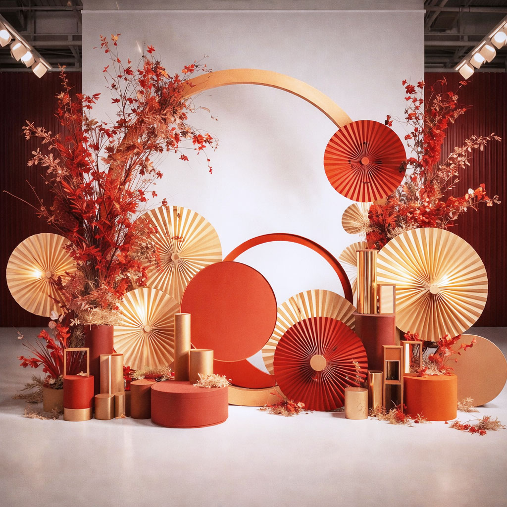 Tiểu cảnh decor Tết phong cách hiện đại với quạt giấy nghệ thuật, bố cục hình khối tròn, tông đỏ cam sang trọng 
