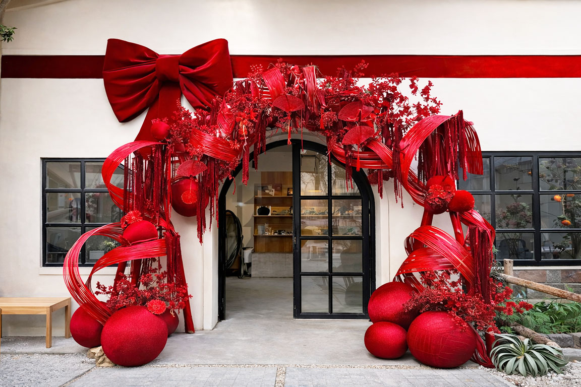 Cổng trang trí Tết tông đỏ sang trọng với nơ lớn, hoa, quả cầu nhung đỏ sang trọng 