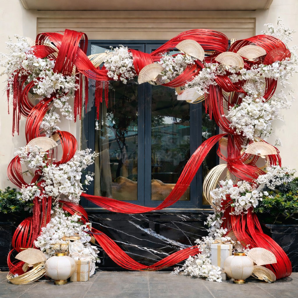 Cổng decor Tết trước cửa quán cafe với tone đỏ trắng với hoa trắng, quạt trang trí và dải lụa uốn nghệ thuật. 