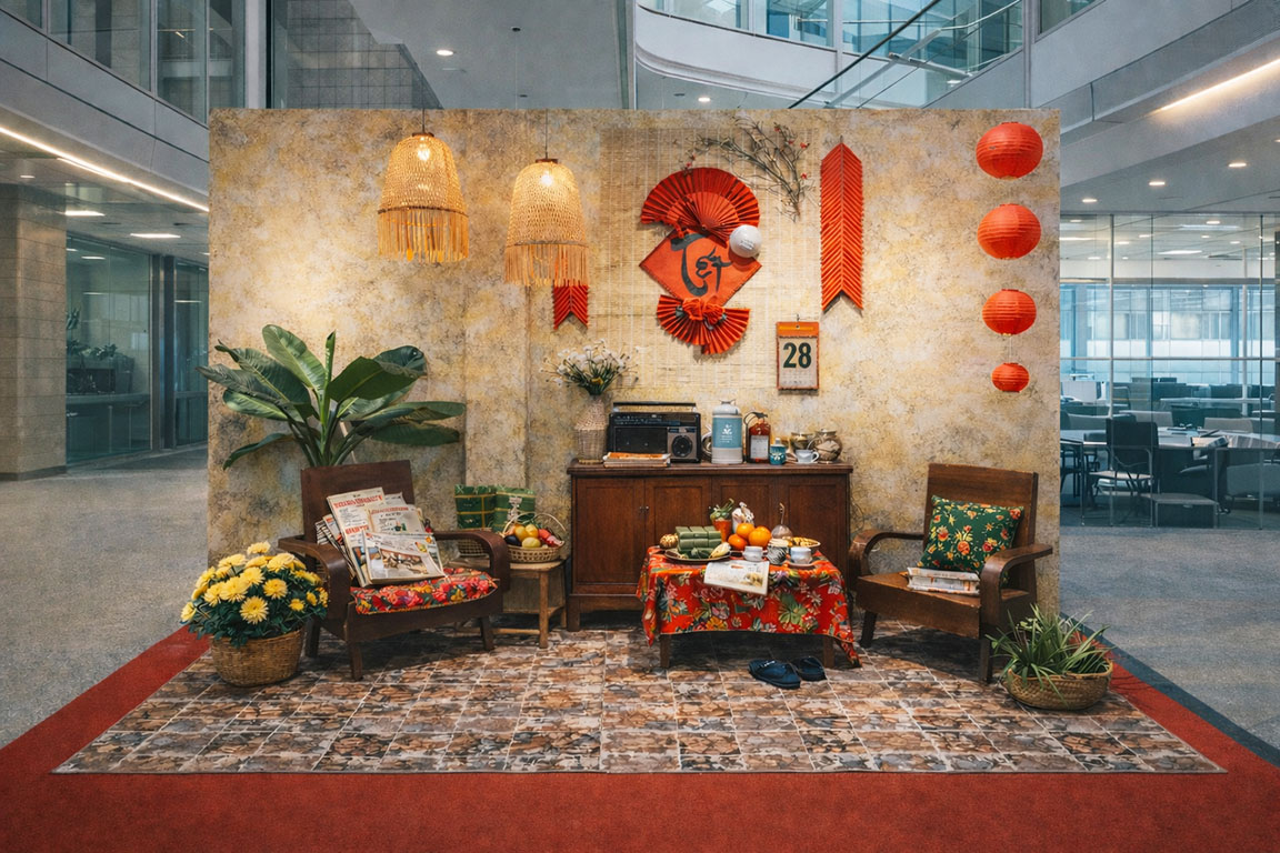 Tiểu cảnh Tết xưa tái hiện không gian phòng khách truyền thống, bàn trà ngày Tết, đèn lồng đỏ, quạt giấy trang trí 