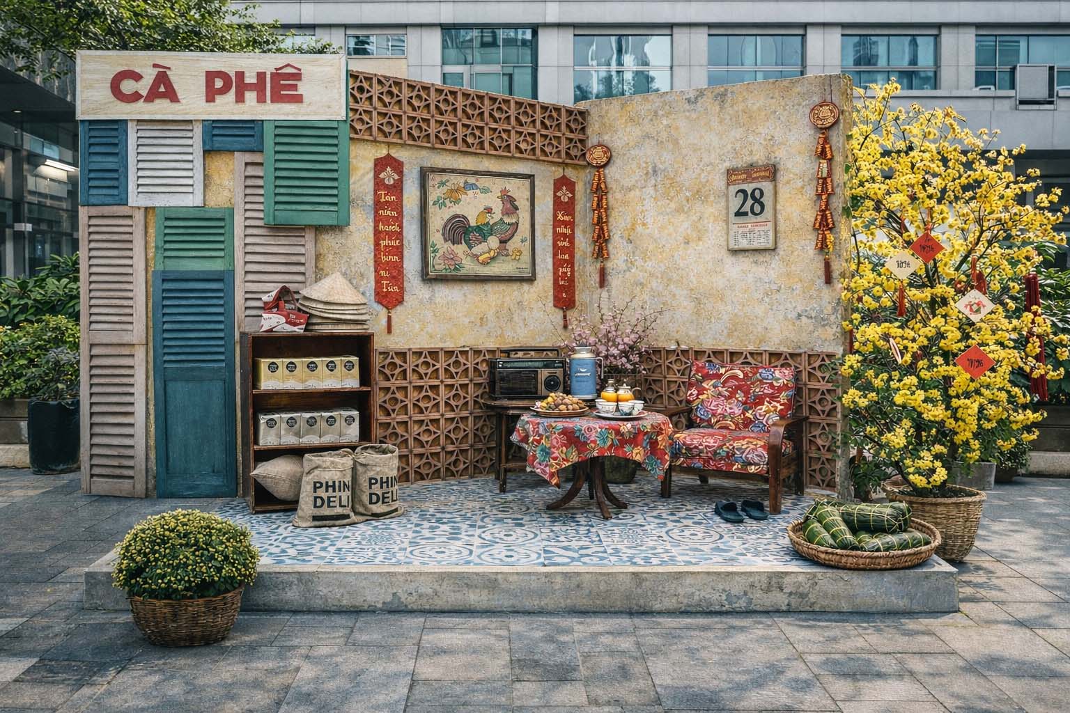 Tiểu cảnh Tết xưa với góc cà phê truyền thống, bàn ghế gỗ, hoa mai vàng 