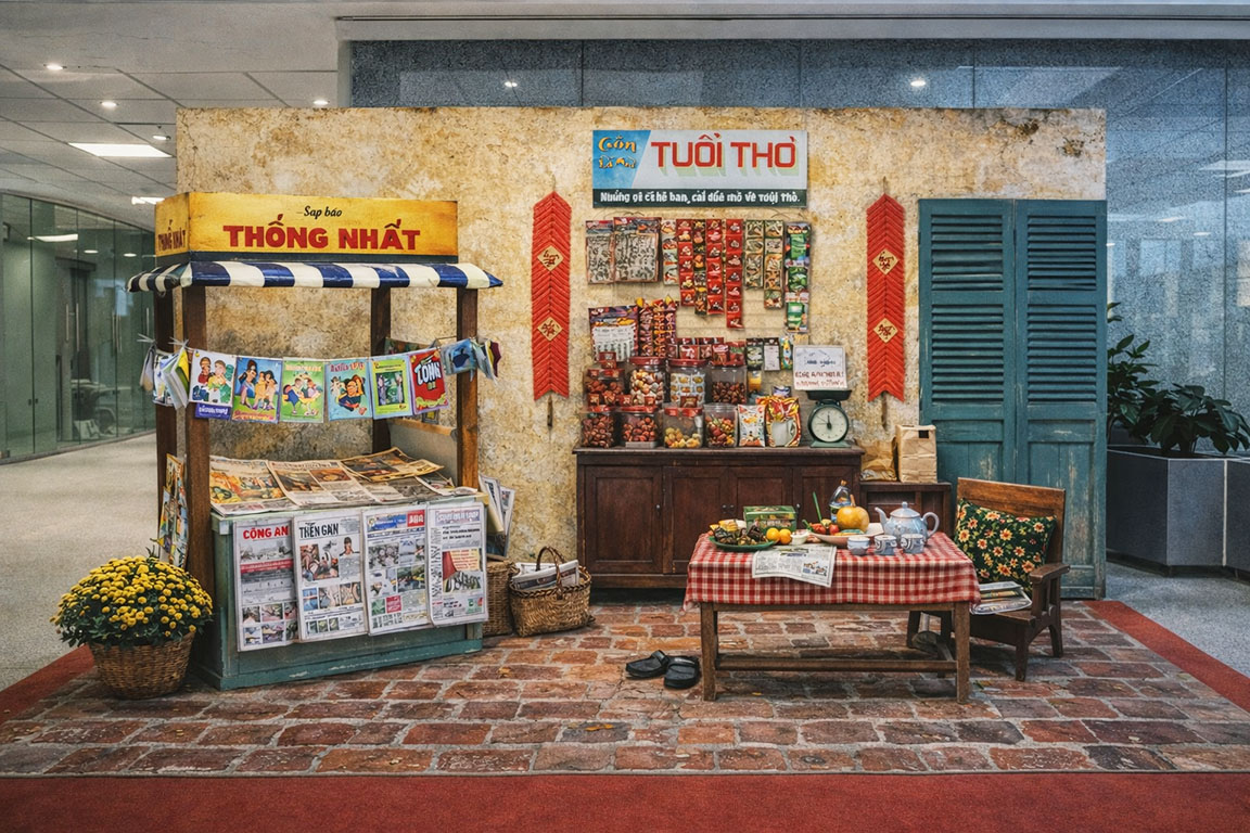 Tiểu cảnh Tết xưa với sạp báo Thống Nhất, quầy hàng tuổi thơ, bàn uống trà ngày xuân 