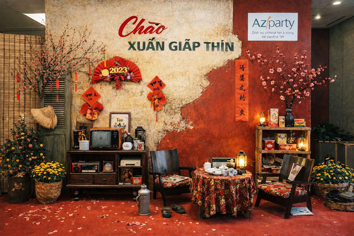 Tiểu cảnh Tết xưa với không gian tiếp khách truyền thống, bàn trà ngày Xuân, hoa đào hoa mai 