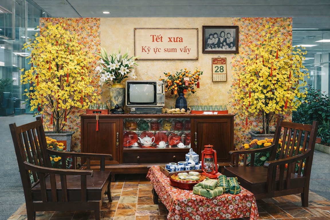 Tiểu cảnh Tết xưa với không gian sum vầy gia đình, tivi cổ, bàn trà ngày Tết, bánh chưng và hoa mai truyền thống Việt Nam