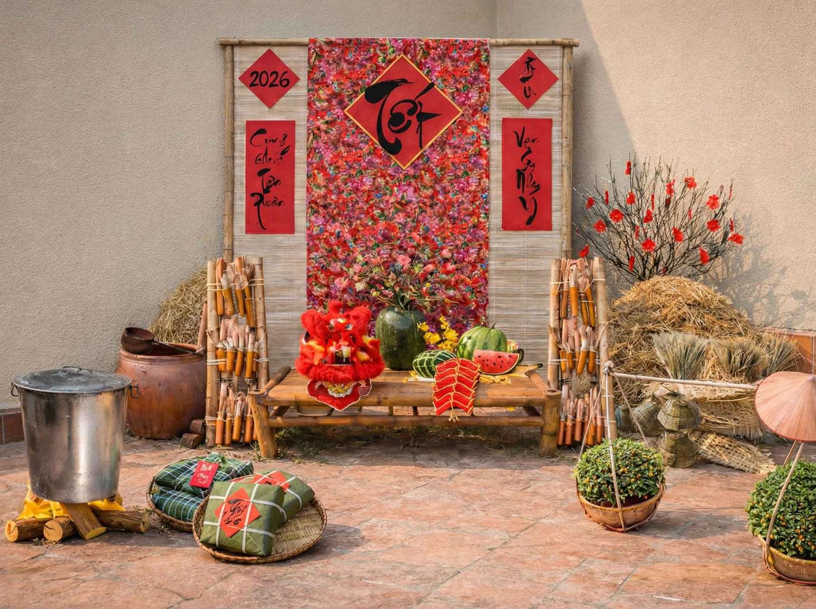 Tiểu cảnh trang trí Tết truyền thống 2026 với phông tre họa tiết hoa, chữ Tết thư pháp