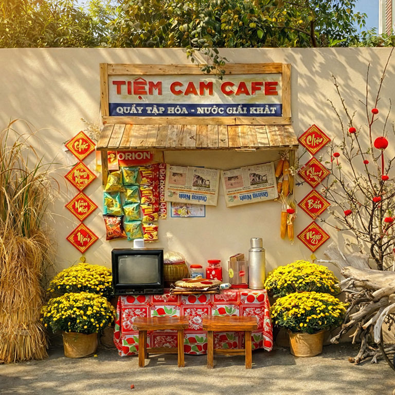 Tiểu cảnh trang trí Tết xưa với mô hình tiệm tạp hóa – tiệm cam cafe, bảng gỗ vintage, báo giấy, bánh kẹo, tivi cổ